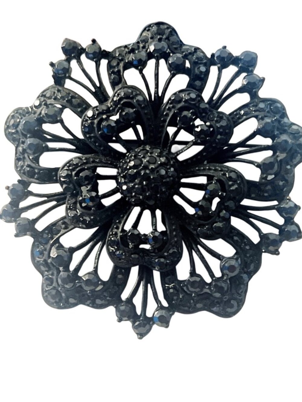 Vintage Black Rhinestone Floral Brooch Pin Filigree Metal Design Elegant